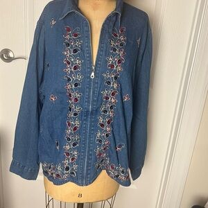 Vintage Tantrum Blues Denim Floral Embroidered Full Zip Shirt SZ 3X Cottagecore